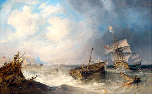 John Wilson Carmichael - H.M.S. Conqueror towing H.M.S. Africa off the shoals of Trafalgar, three days after the battle