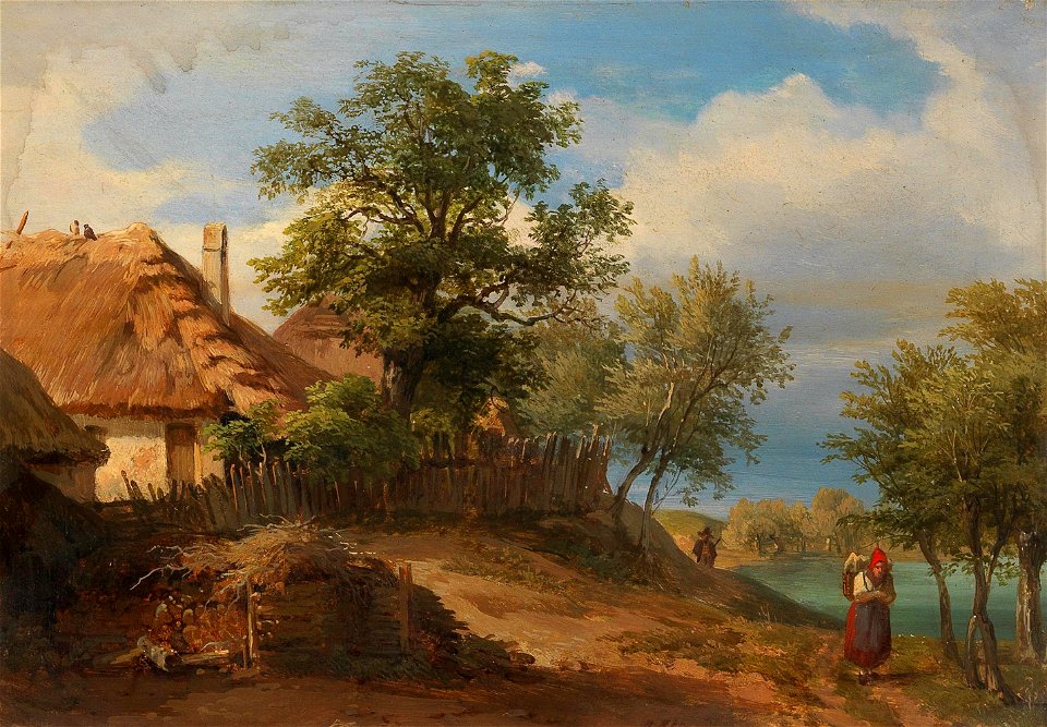 Joseph Höger - Landscape with Thatched Farmhouses and decorative figures