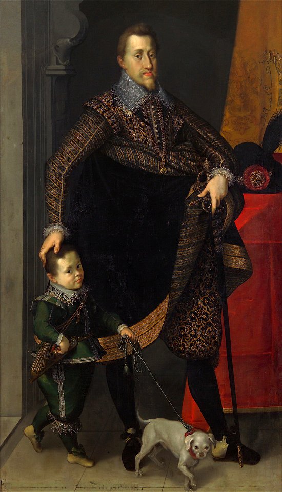 Joseph Heintz d. Ä., , Schloss Ambras Innsbruck - Kaiser Ferdinand II. (1578-1637) in ganzer Figur mit einem Hofzwerg - GG 9453 - Kunsthistorisches Museum
