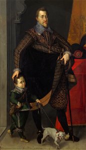 Joseph Heintz d. Ä., , Schloss Ambras Innsbruck - Kaiser Ferdinand II. (1578-1637) in ganzer Figur mit einem Hofzwerg - GG 9453 - Kunsthistorisches Museum
