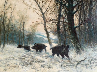 Joseph Heydendahl Schwarzwild auf winterlicher Waldlichtung