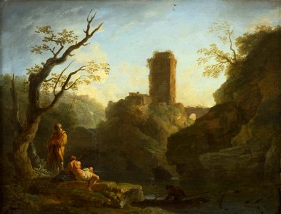 Joseph Vernet - Paysage avec un arbre et deux hommes, une tour en arrière-plan