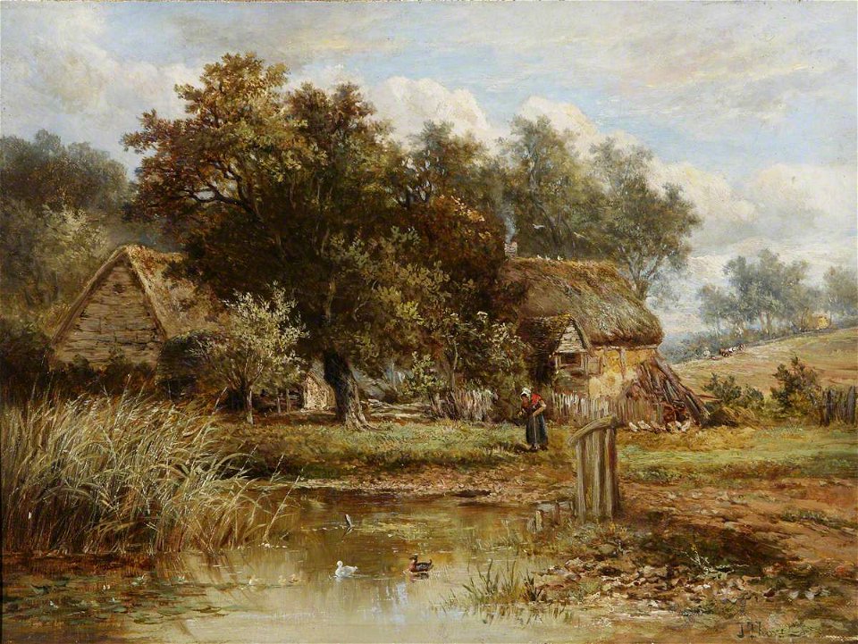 Joseph Thors (c.1835-1920) - Cottages beside a Pond, with an Old Woman - 1319333 - National Trust