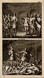 Josephus te Jotapata met 40 krijgslieden verborgen in een regenput, wordt door hen bedreigd, Josephus blijft met één gezel over nadat de anderen elkaar hebben gedood, objectnr A 48181