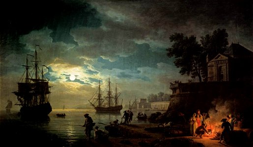 Joseph Vernet - Night - Seaport by Moonlight - WGA24731. Free illustration for personal and commercial use.