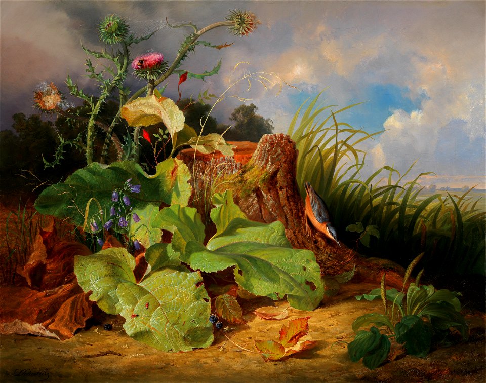 Joseph Schuster Stillleben mit Stillleben mit Disteln Glockenblumen Hagebutten und einem Kleiber