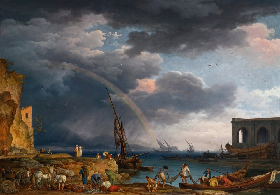 Joseph Vernet - L'Arc en Ciel - Coastal view with a rainbow, fishermen and peasants at an inlet, a shipwright's yard beyond 933N09102 6FM24