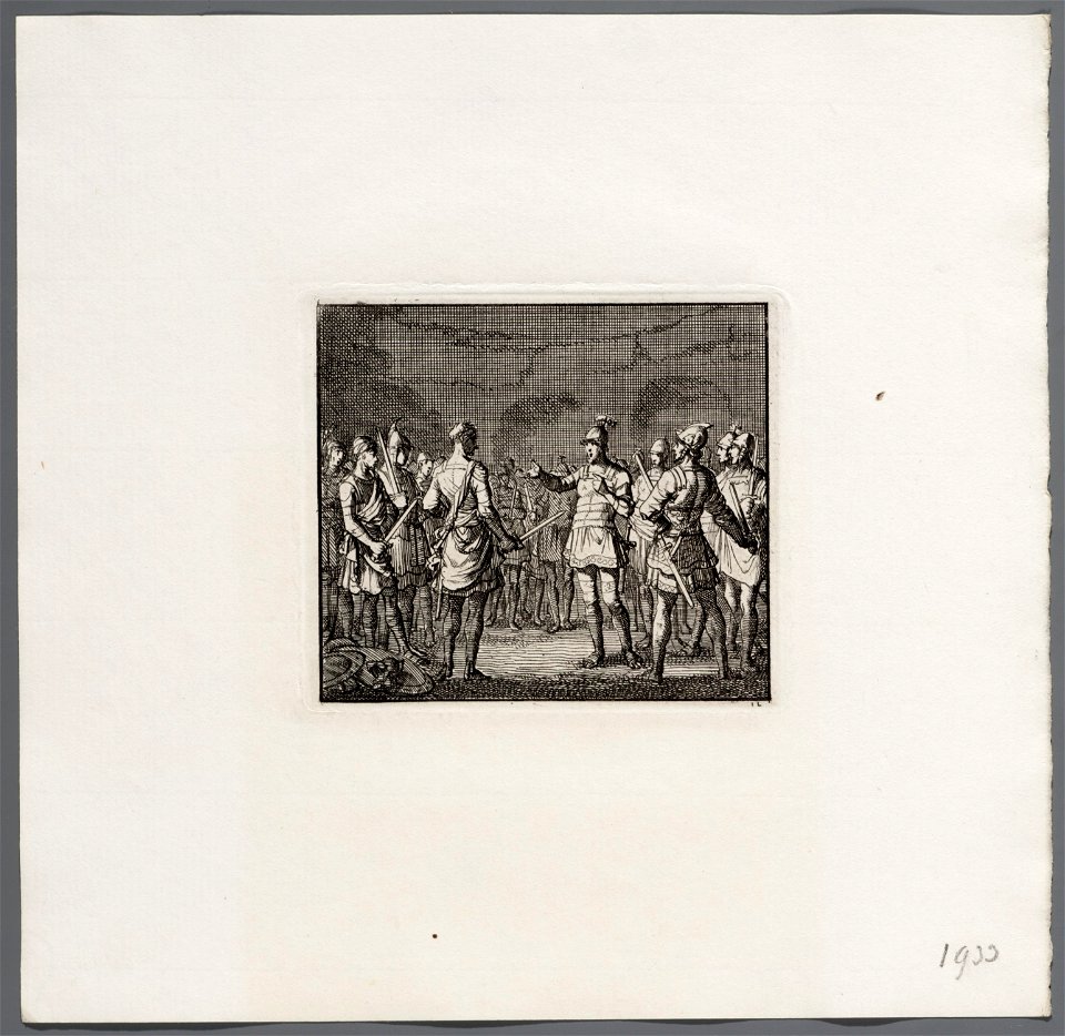 Josephus te Jotapata met 40 krijgslieden verborgen in een regenput, wordt door hen bedreigd, objectnr A 47952