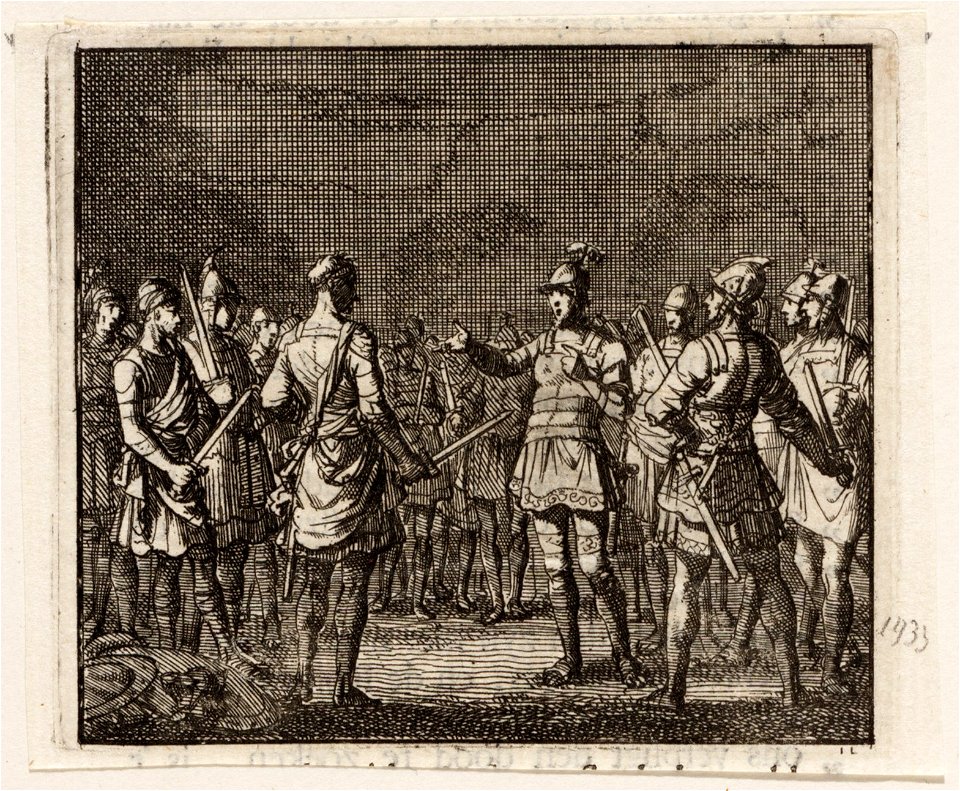 Josephus te Jotapata met 40 krijgslieden verborgen in een regenput, wordt door hen bedreigd, objectnr A 47888
