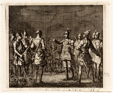 Josephus te Jotapata met 40 krijgslieden verborgen in een regenput, wordt door hen bedreigd, objectnr A 47888