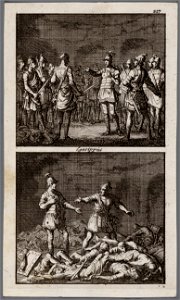 Josephus te Jotapata met 40 krijgslieden verborgen in een regenput, wordt door hen bedreigd, Josephus blijft met één gezel over nadat de anderen elkaar hebben gedood, objectnr A 48114