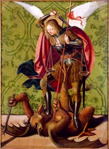 Josse Lieferinxe — St. Michael Killing the Dragon — 1493-1505. Free illustration for personal and commercial use.