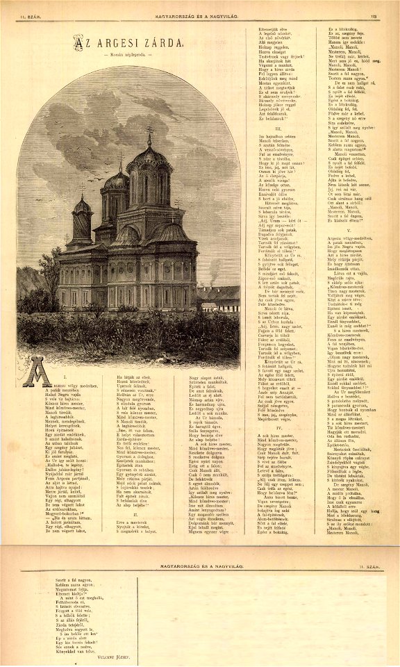 Josif Vulcan Az argesi (Curtea de Argeș) zárda. Román népballada. Mo. és a Nagyvilág, 1873