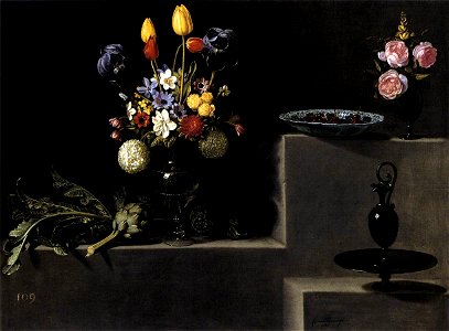 Juan van der Hamen - Still Life with Flowers, Artichokes, Cherries and Glassware - WGA11194. Free illustration for personal and commercial use.