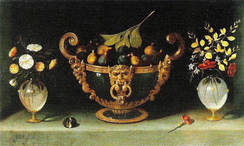 Juan van der Hamen y León - Große Fruchtschale mit Feigen und Blumenvasen