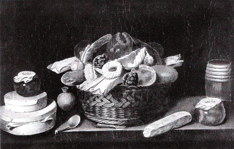 Juan van der Hamen y león - Tisch mit Korb und Boxen mit Süßigkeiten