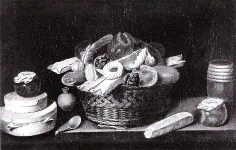 Juan van der Hamen y león - Tisch mit Korb und Boxen mit Süßigkeiten