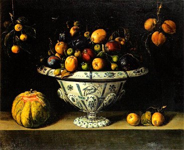 Juan van der Hamen y León - Fayence-Fruchtschale mit Passionsfrucht, Holzäpfeln und Birnen