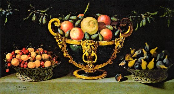 Juan van der Hamen y León - Große Fruchtschale mit Feigenkorb und Korb mit Aprikosen und Kirschen