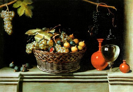 Juan van der Hamen y León - Fruchtkorb mit hängenden trauben und Vasen aus Terakotta und Glas