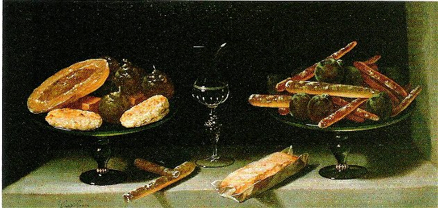 Juan van der Hamen y León - Stillleben mit akndierten Früchten, Gebäck und Glas
