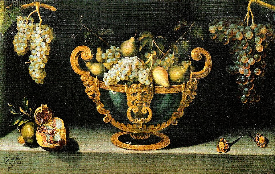 Juan van der Hamen y León - Große Fruchtschale mit Granatäpfeln und hängenden Trauben