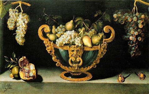 Juan van der Hamen y León - Große Fruchtschale mit Granatäpfeln und hängenden Trauben