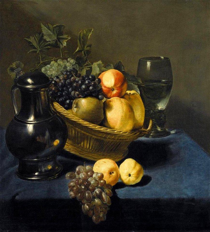 Judith Leyster - Still life with apples and grapes in a wicker basket, with a roemer and ewer on a blue draped table