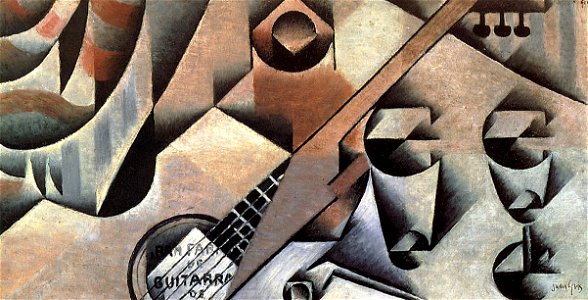 Juan Gris, 1912, La Guitare (Guitar and Glasses), oil on canvas, 30 x 58 cm, private collection. Free illustration for personal and commercial use.