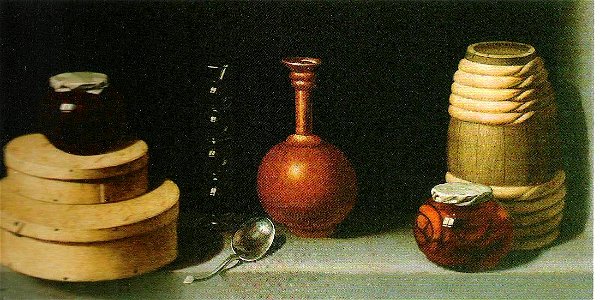 Juan van der Hamen y León - Stilleben mit Süßigkeitenschachteln, Terakottakrug und Glas