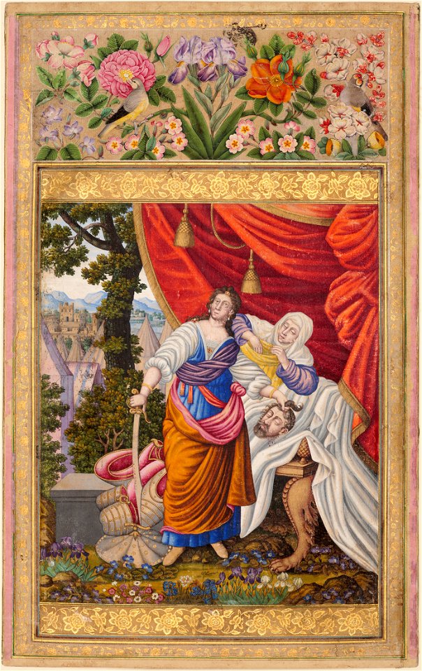 Judith with the Severed Head of Holofernes, signed Muhammad Zaman, Iran, Isfahan, c. 1680 AD, opaque gold and watercolor on paper