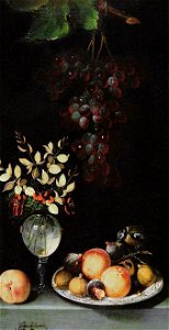 Juan van der Hamen y León - Fruchtteller, hängende Trauben und Blumenvase