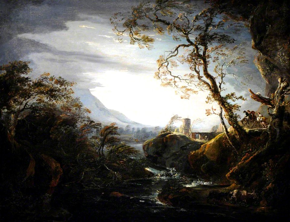 Julius Caesar Ibbetson (1759-1817) (attributed to) - An Italianate Rocky Landscape with Travellers in a Storm - 959408 - National Trust