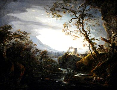 Julius Caesar Ibbetson (1759-1817) (attributed to) - An Italianate Rocky Landscape with Travellers in a Storm - 959408 - National Trust