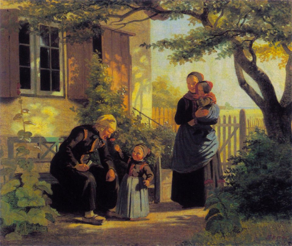 Julius Exner - En lille pige, der lader en gammel mand lugte til en blomst