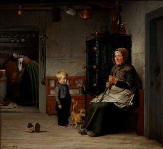 Julius Exner - En fattig kone der venter på et krus øl i en bondestue - KMS1753 - Statens Museum for Kunst