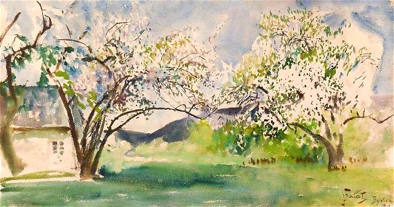 Julian Fałat - Pejzaż z domem i drzewami 1911