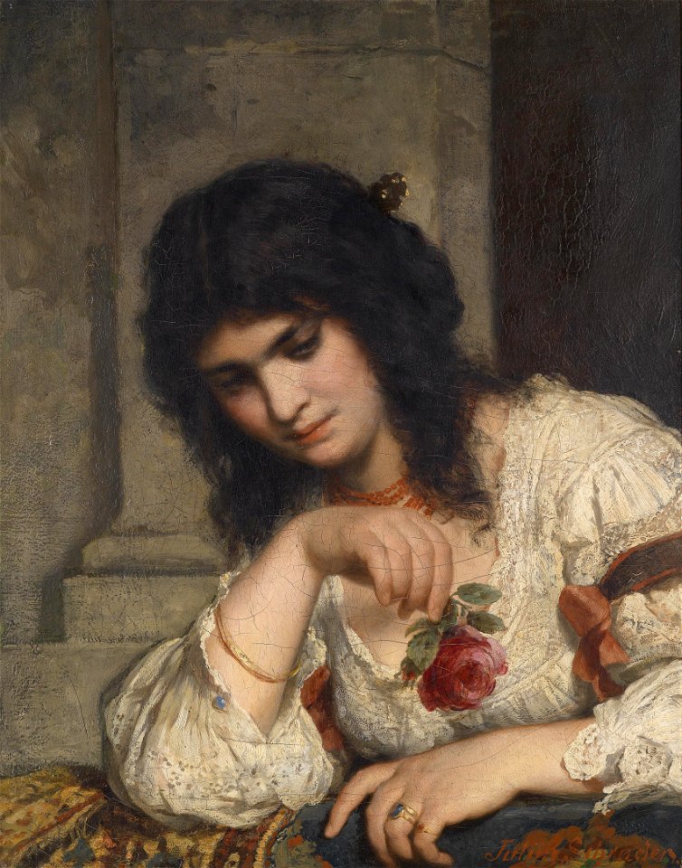 Julius Schrader Dame an der Brüstung mit Rose