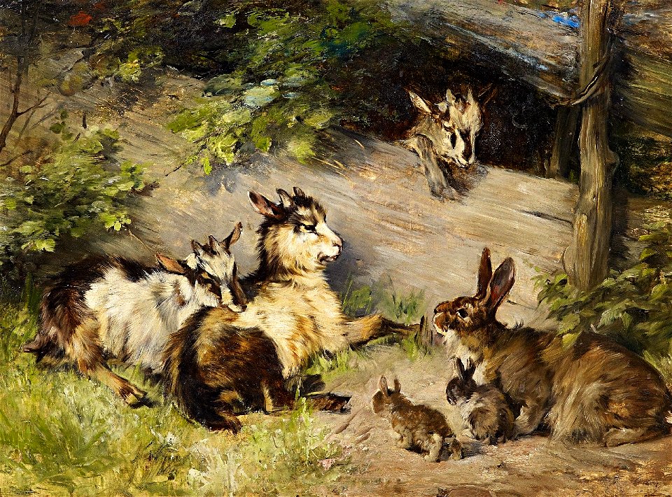 Julius Adam Hasen und Zicklein am Gatter