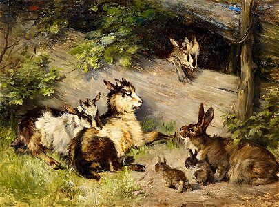 Julius Adam Hasen und Zicklein am Gatter