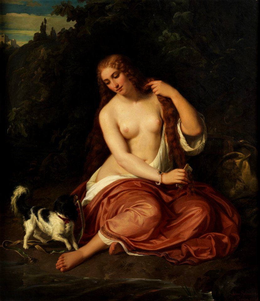 Julius Schrader Halbakt eines jungen Mädchen mit Hund