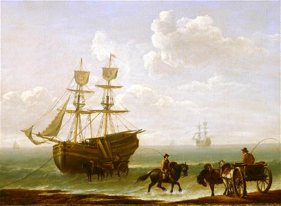 Julius Caesar Ibbetson - A Beached Collier Unloading into Carts. Free illustration for personal and commercial use.