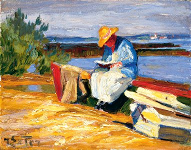 Julius Exter - Lesende Frau mit Booten am Chiemseeufer 1920-30