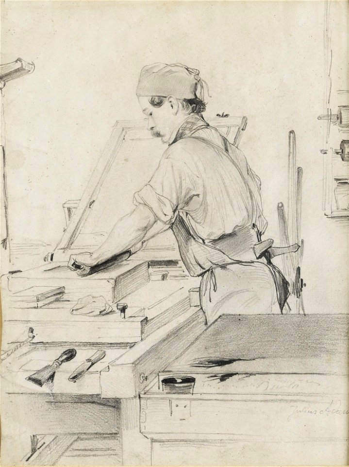 Julius Adam Selbstbildnis als Lithograf in der Werkstatt