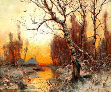 Julius von Klever - Winter landscape with birch in the evening light. Free illustration for personal and commercial use.