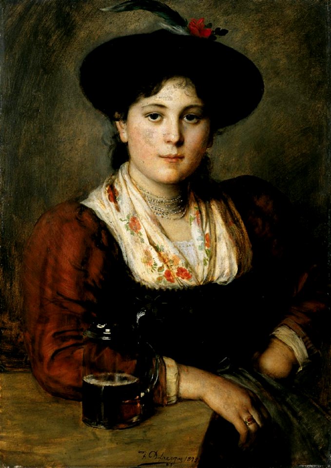 Junge Bäuerin mit einem Bierkrug am Wirtshaustisch sitzend by Franz von Defregger
