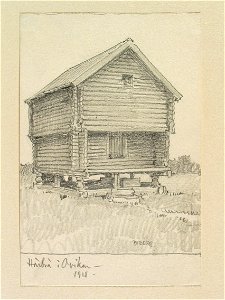 Jämtland, Ovikens sn. Härbre i Oviken. Teckning av Ferdinand Boberg - Nordiska museet - NMA.0088056