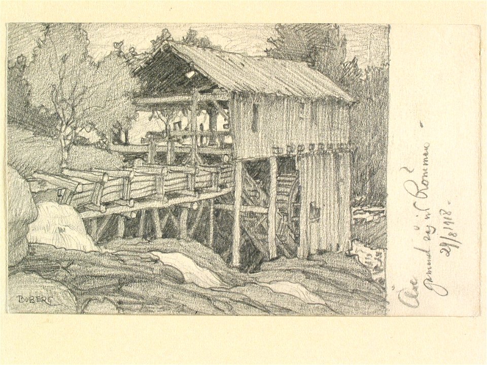 Jämtland, Åre sn. Gammal såg vid Römmeln . Teckning av Ferdinand Boberg - Nordiska museet - NMA.0088069
