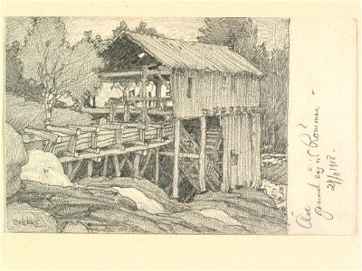 Jämtland, Åre sn. Gammal såg vid Römmeln . Teckning av Ferdinand Boberg - Nordiska museet - NMA.0088069
