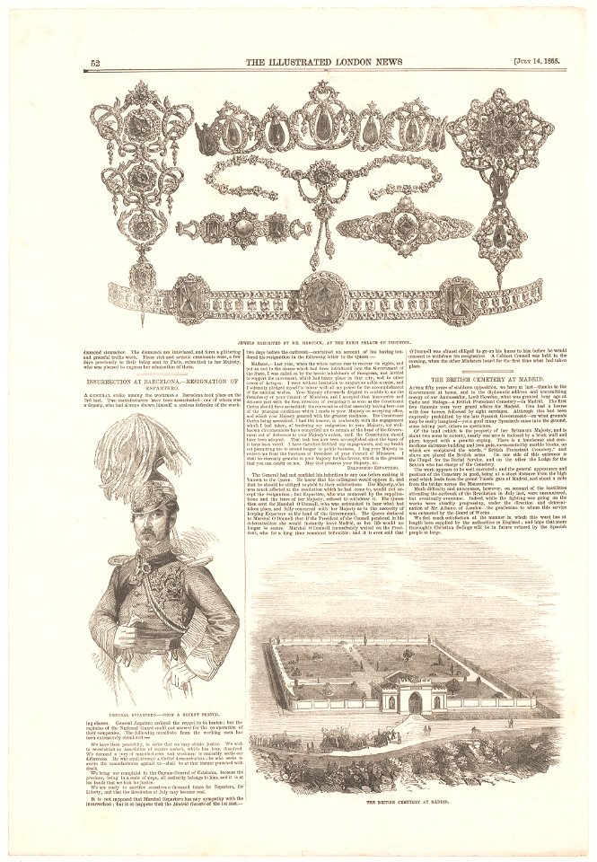 Juwelen, de Spaanse generaal Espartero en het Britse kerkhof in Madrid The Illustrated London News (titel op object), RP-P-2018-1768